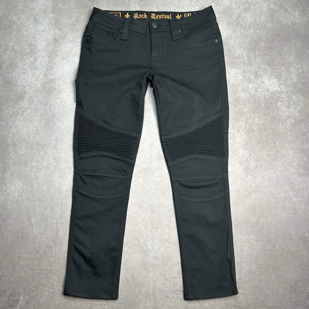 Rock Revival Sheryl Black Moto Skinny Pants Ribbed Knee Low Rise Women Size 29